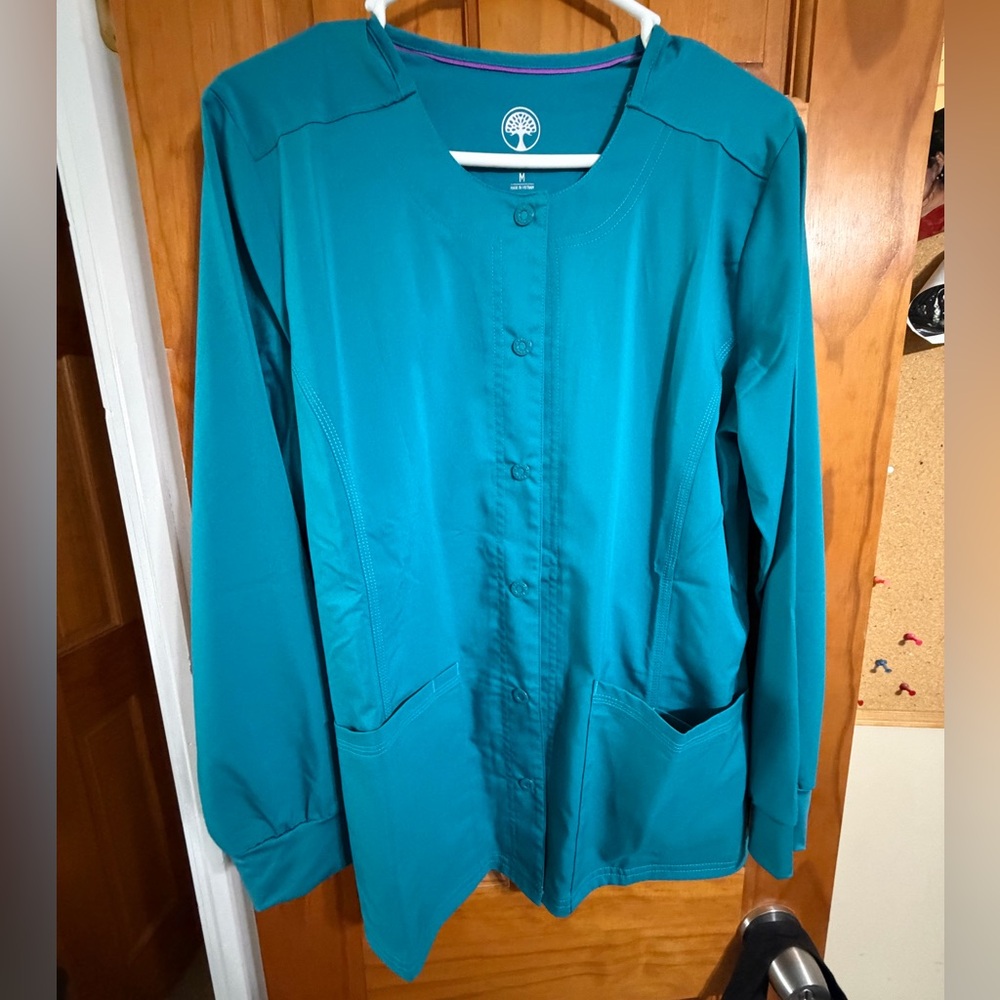 Healing Hands Teal Button-Up Scrub Jacket